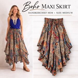 Boho Handkerchief Hem Maxi Skirt Medium Stretch Waist Festival Flowy